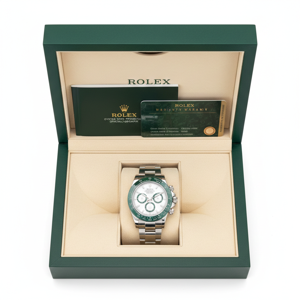 Rolex Cosmograph Daytona with a white dial and a green bezel