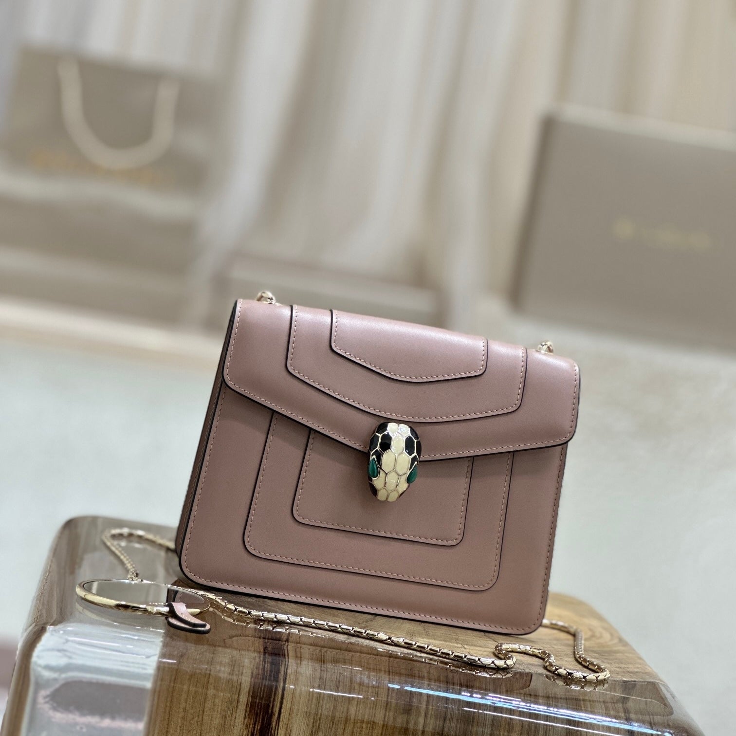 Boutique Level Quality || Bvlgari Serpenti Forever "Single Layer" Flap Small Square Bag in Brown