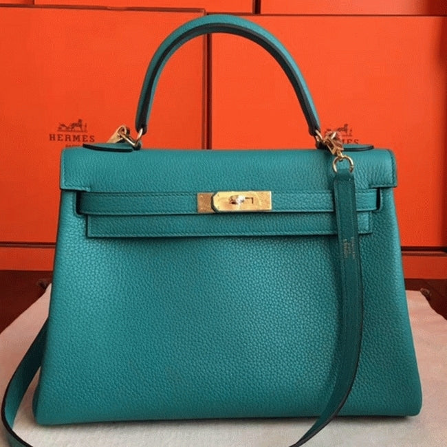 Boutique Quality || Blue Paon Clemence Hermes Kelly Retourne 32cm Handbag