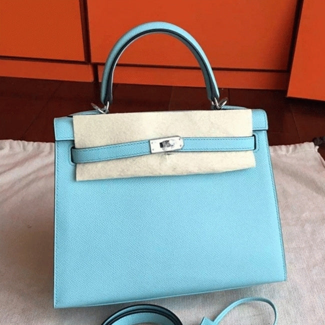 Boutique Quality || Blue Atoll Epsom Hermes Kelly 25cm Sellier Elegant Handbag