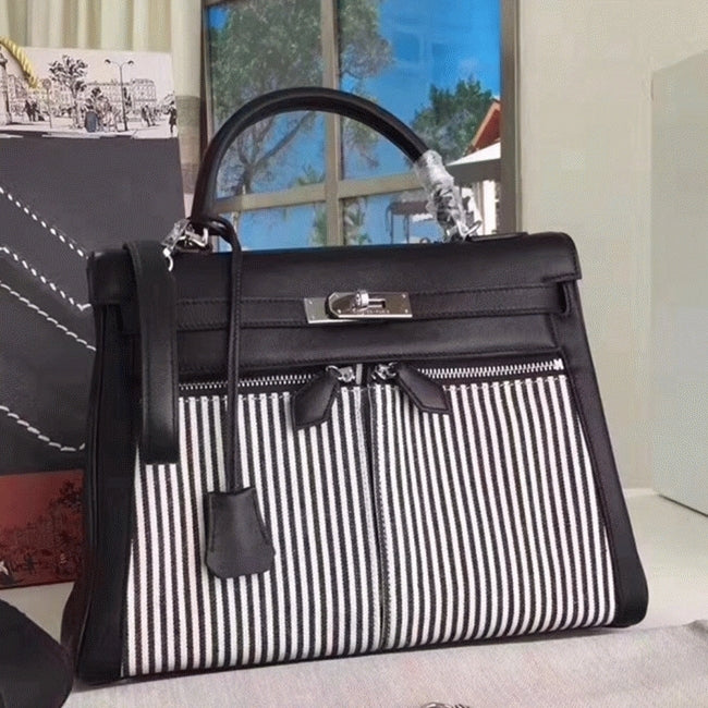 Boutique Quality || Black Toile Swift Knockoff Hermes Kelly Lakis 32cm Hybrid Bag