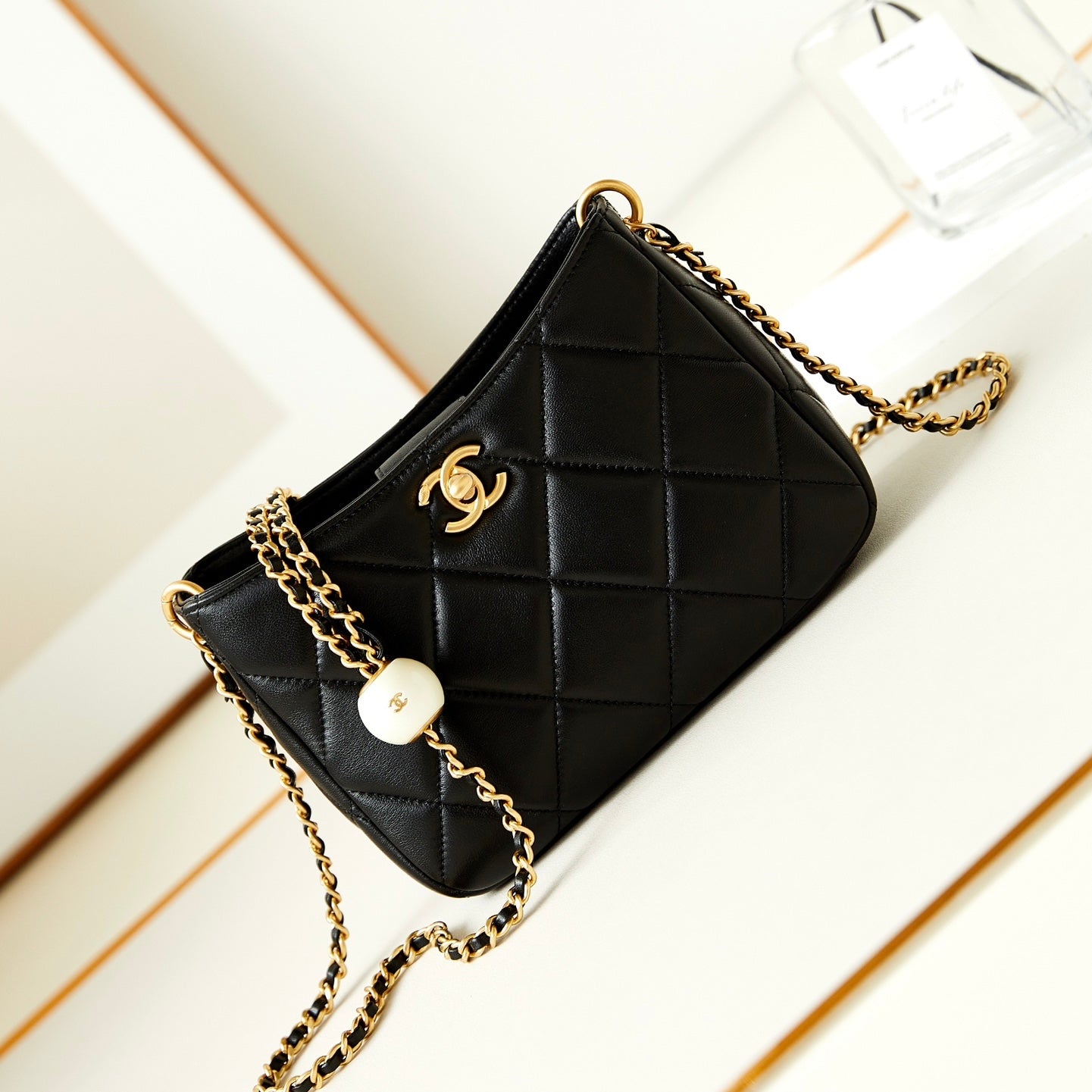 Boutique Quality || Chanel 24s Pearl Adjustable Ball Hobo Bag in Black