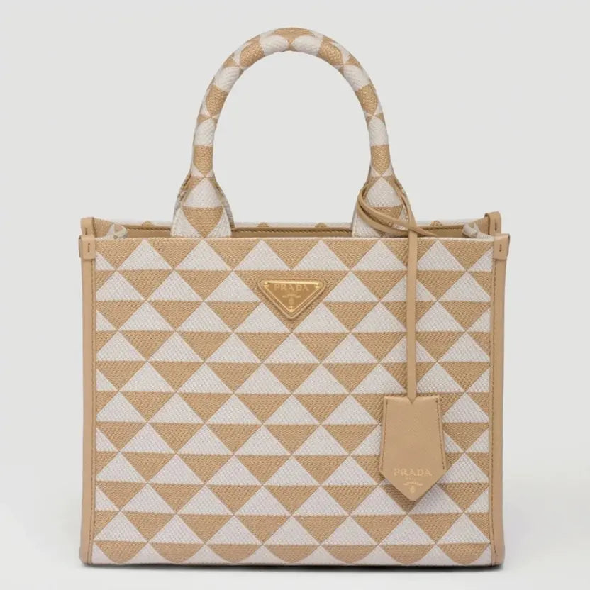 Boutique Quality || Prada Symbole Large Bag Knockoff in Beige/White Jacquard Fabric