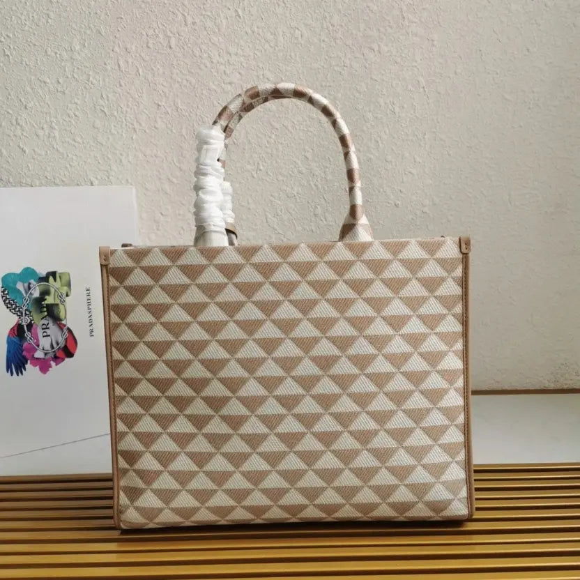 Boutique Quality || Prada Symbole Large Bag Knockoff in Beige/White Jacquard Fabric