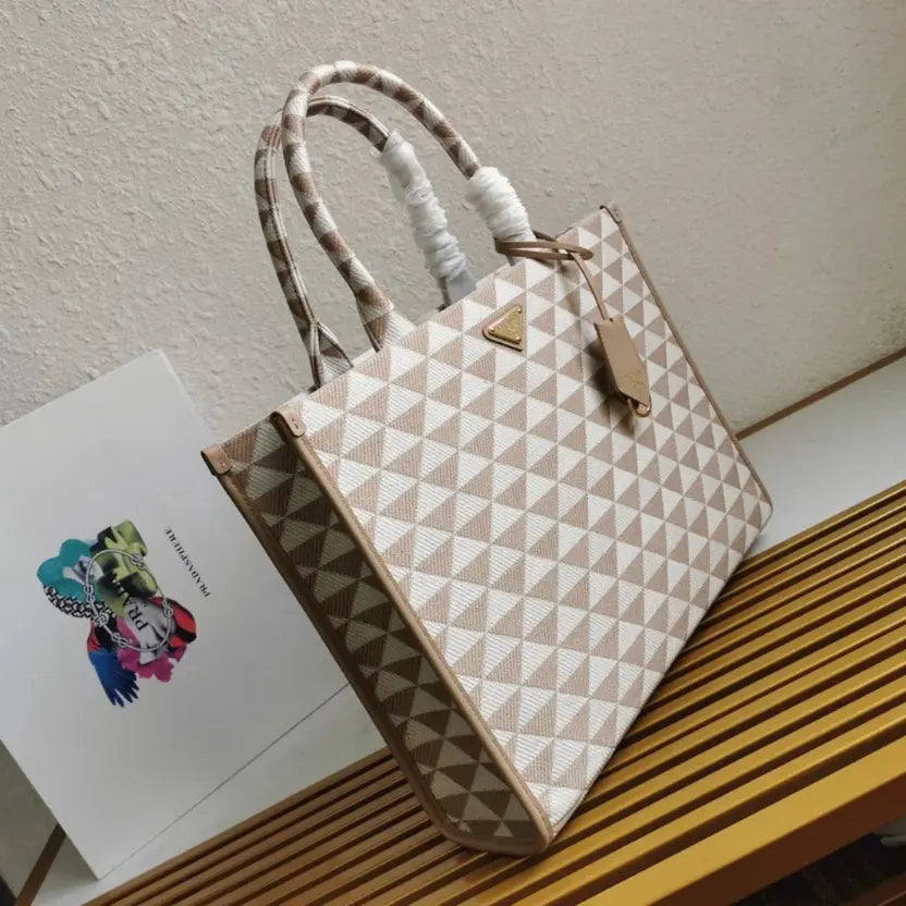 Boutique Quality || Prada Symbole Large Bag Knockoff in Beige/White Jacquard Fabric