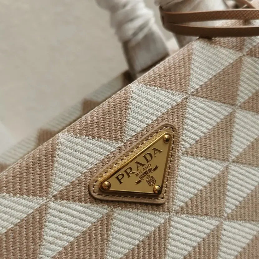 Boutique Quality || Prada Symbole Large Bag Knockoff in Beige/White Jacquard Fabric