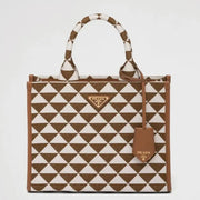 Boutique Quality || Prada Symbole Large Bag in White/Brown Jacquard Fabric