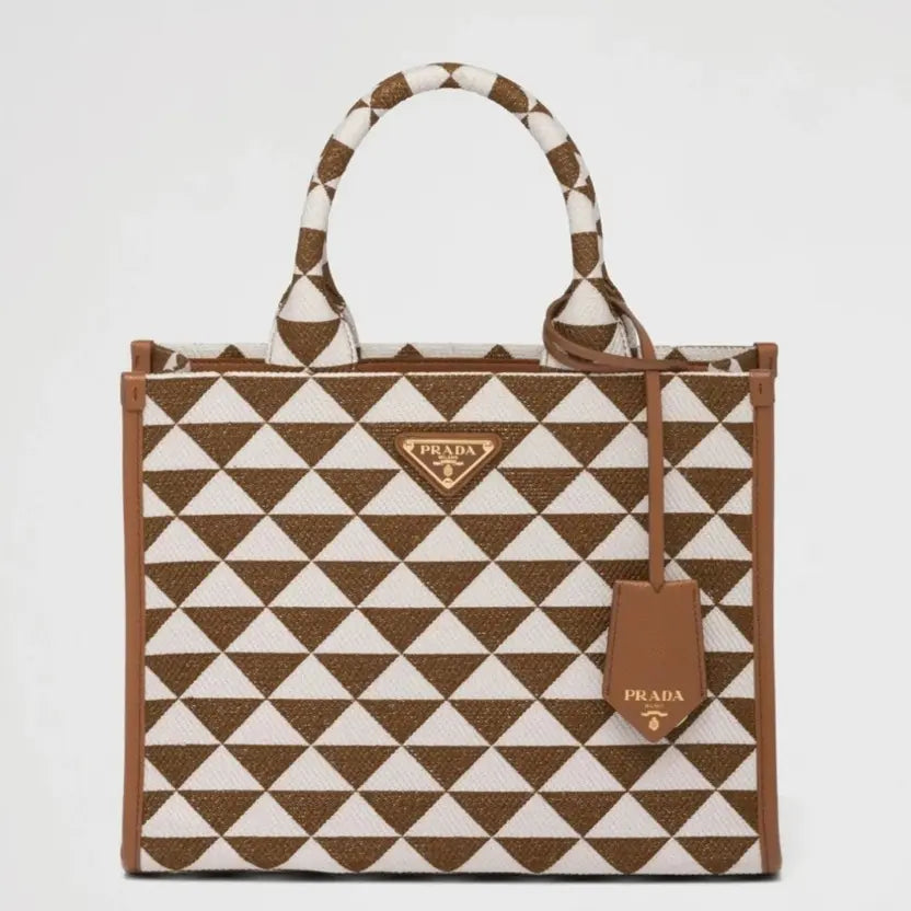Boutique Quality || Prada Symbole Large Bag in White/Brown Jacquard Fabric