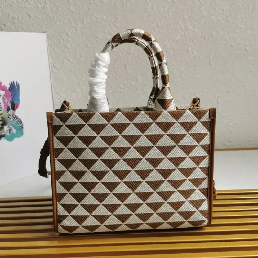 Boutique Quality || Prada Symbole Large Bag in White/Brown Jacquard Fabric
