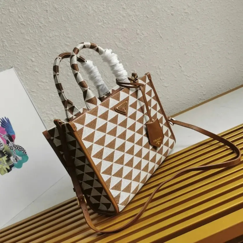 Boutique Quality || Prada Symbole Large Bag in White/Brown Jacquard Fabric