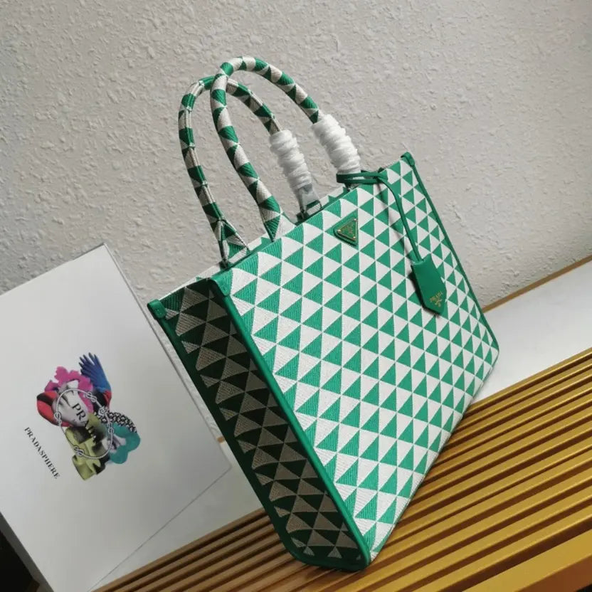 Boutique Quality || Prada Symbole Large Bag in Green/White Jacquard Fabric