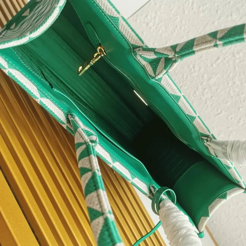 Boutique Quality || Prada Symbole Large Bag in Green/White Jacquard Fabric
