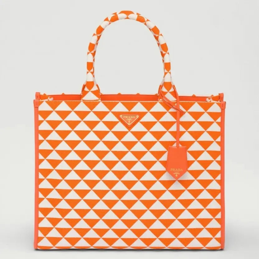 Boutique Quality || Prada Symbole Large Bag in Orange/White Jacquard Fabric