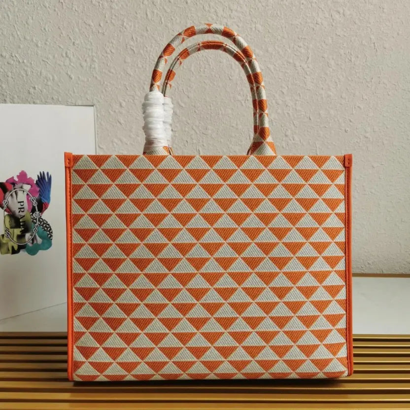 Boutique Quality || Prada Symbole Large Bag in Orange/White Jacquard Fabric