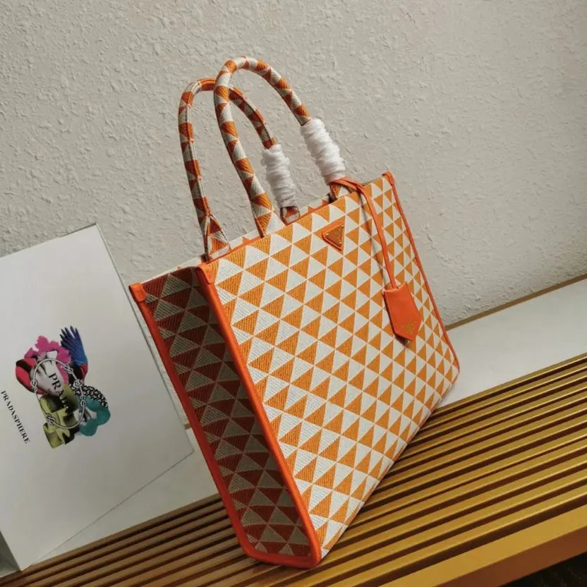 Boutique Quality || Prada Symbole Large Bag in Orange/White Jacquard Fabric