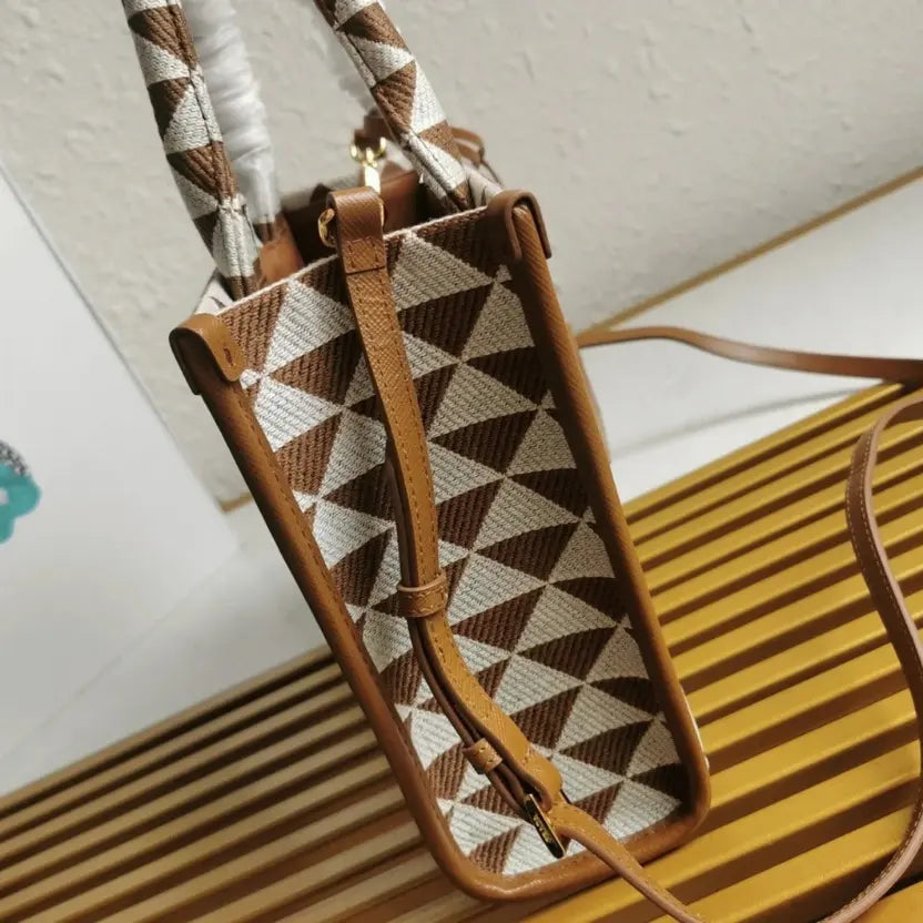 Boutique Quality || Prada Symbole Micro Bag in White/Brown Jacquard Fabric