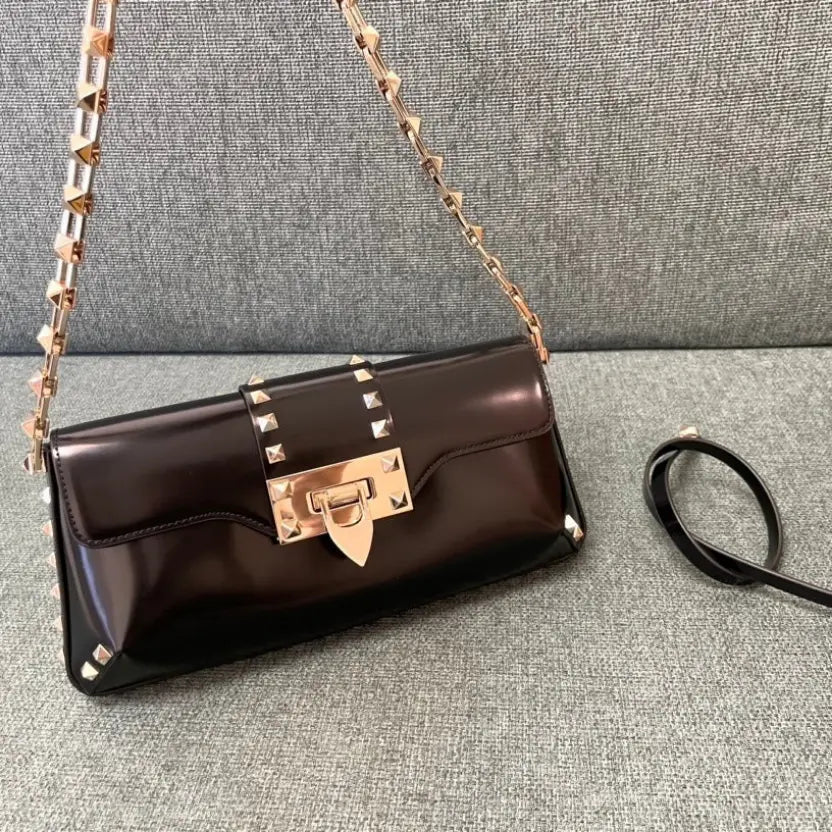 Boutique Level Quality || Valentino Garavani Rockstud23 E/W Smooth Calfskin Shoulder Bag in Brown