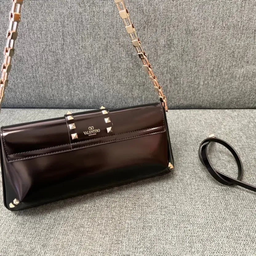 Boutique Level Quality || Valentino Garavani Rockstud23 E/W Smooth Calfskin Shoulder Bag in Brown