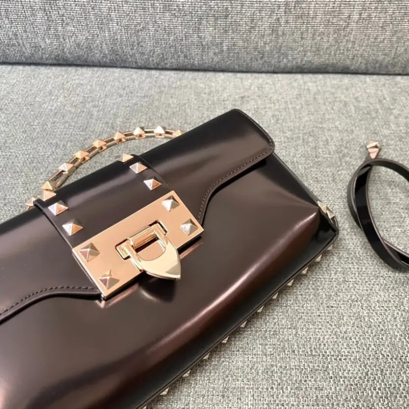 Boutique Level Quality || Valentino Garavani Rockstud23 E/W Smooth Calfskin Shoulder Bag in Brown