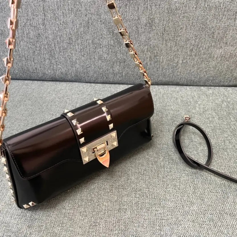 Boutique Level Quality || Valentino Garavani Rockstud23 E/W Smooth Calfskin Shoulder Bag in Brown