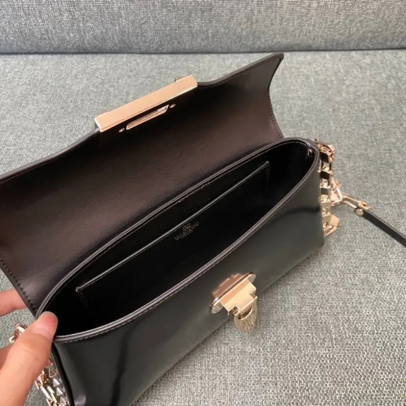 Boutique Level Quality || Valentino Garavani Rockstud23 E/W Smooth Calfskin Shoulder Bag in Brown
