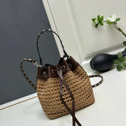 Boutique Level Quality || Valentino Garavani Rockstud Raffia Effect Bucket Bag in Tobacco/Cacao