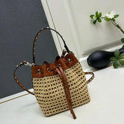 Boutique Level Quality || Valentino Garavani Rockstud Woven Raffia and Leather Bucket Bag