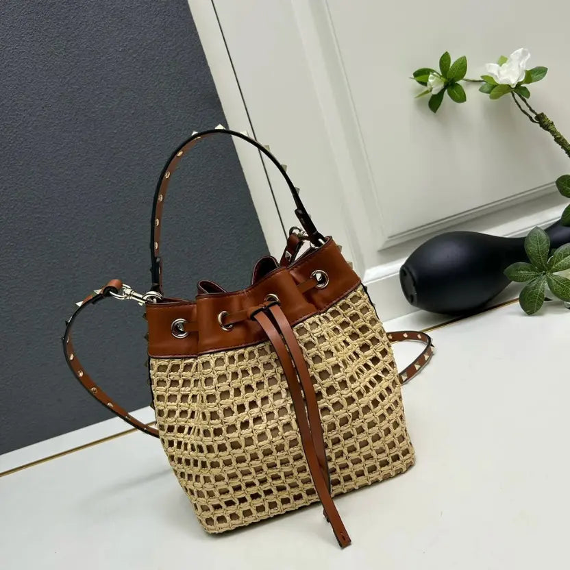 Boutique Level Quality || Valentino Garavani Rockstud Woven Raffia and Leather Bucket Bag