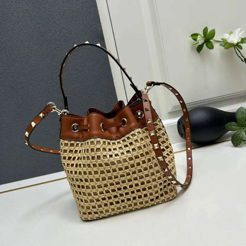 Boutique Level Quality || Valentino Garavani Rockstud Woven Raffia and Leather Bucket Bag