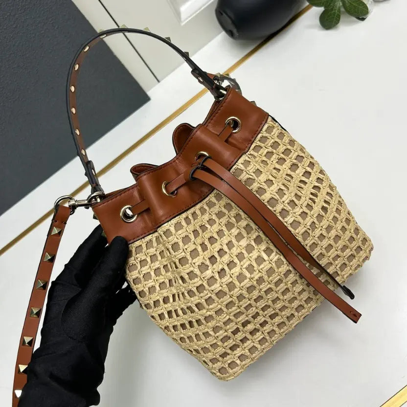 Boutique Level Quality || Valentino Garavani Rockstud Woven Raffia and Leather Bucket Bag