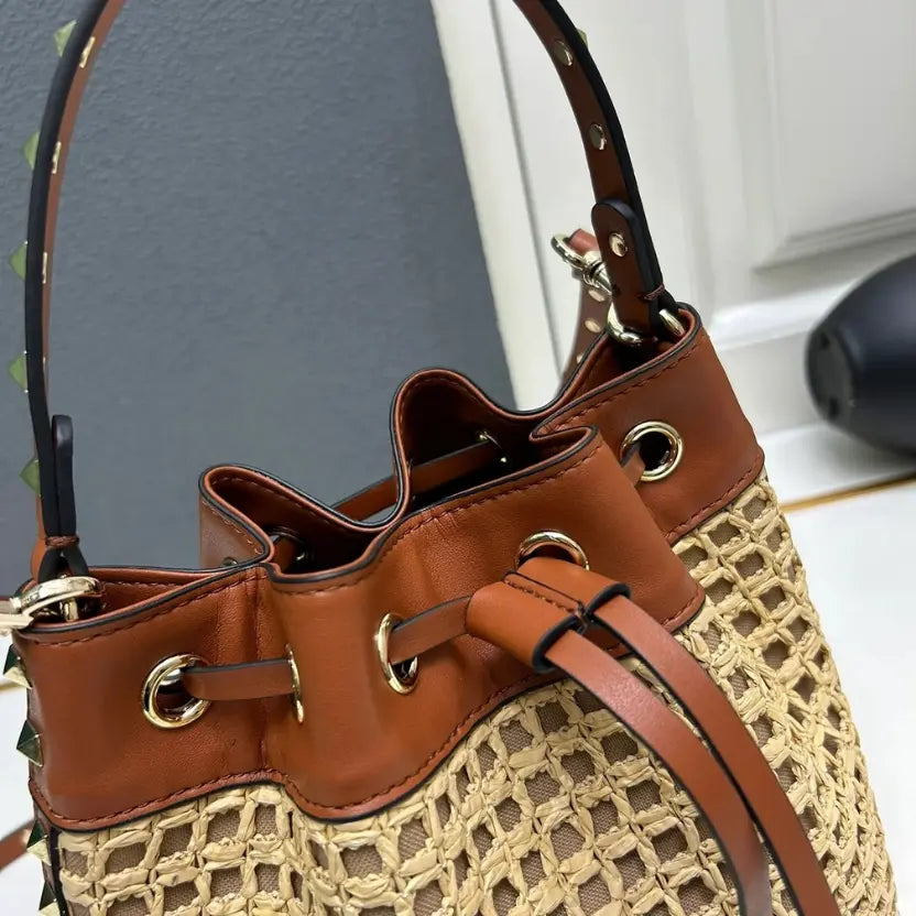 Boutique Level Quality || Valentino Garavani Rockstud Woven Raffia and Leather Bucket Bag