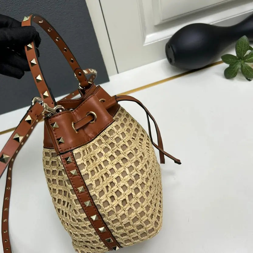 Boutique Level Quality || Valentino Garavani Rockstud Woven Raffia and Leather Bucket Bag