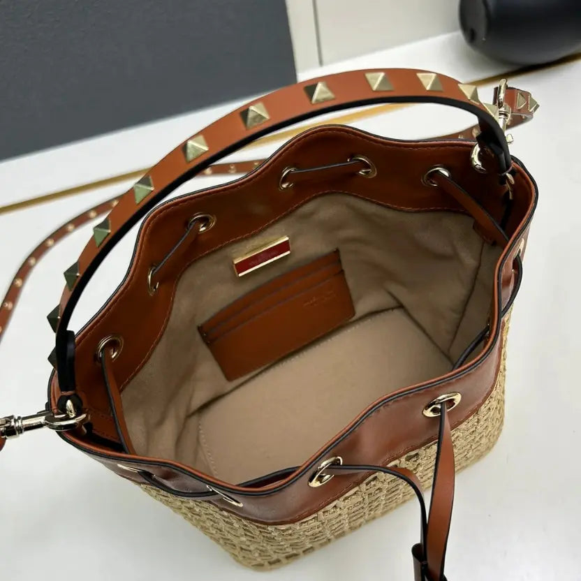 Boutique Level Quality || Valentino Garavani Rockstud Woven Raffia and Leather Bucket Bag
