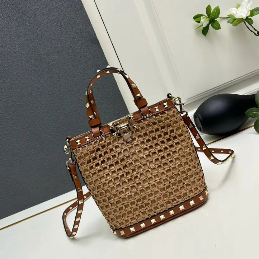 Boutique Level Quality || Valentino Garavani Rockstud Raffia Tote Bag with Brown Leather
