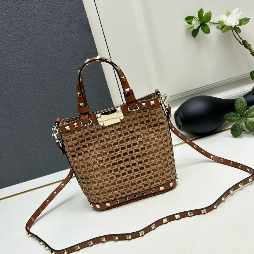 Boutique Level Quality || Valentino Garavani Rockstud Raffia Tote Bag with Brown Leather