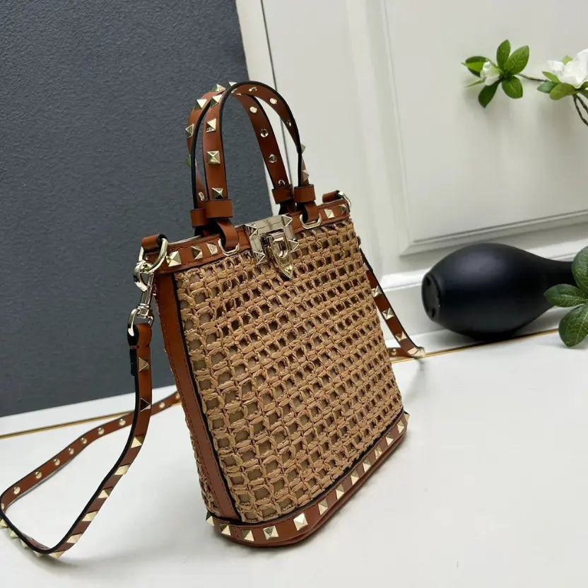 Boutique Level Quality || Valentino Garavani Rockstud Raffia Tote Bag with Brown Leather