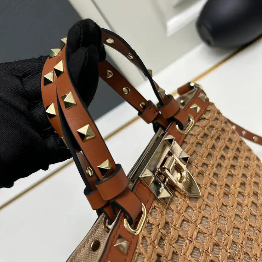 Boutique Level Quality || Valentino Garavani Rockstud Raffia Tote Bag with Brown Leather