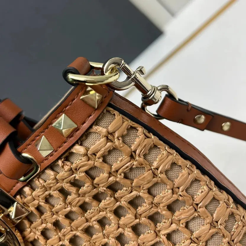 Boutique Level Quality || Valentino Garavani Rockstud Raffia Tote Bag with Brown Leather