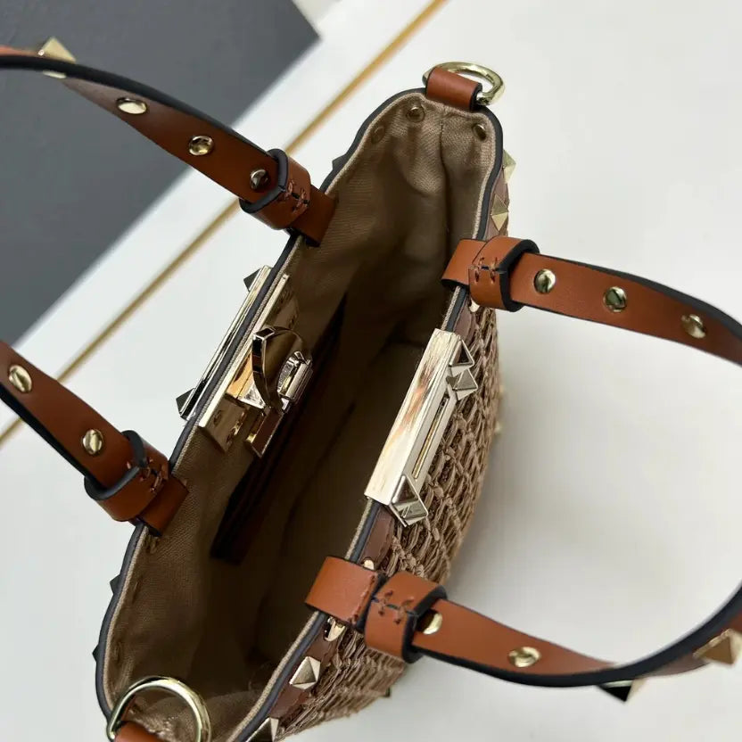 Boutique Level Quality || Valentino Garavani Rockstud Raffia Tote Bag with Brown Leather