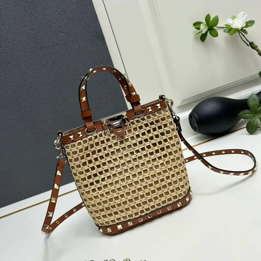 Boutique Level Quality || Valentino Garavani Rockstud Raffia and Leather Bucket Bag in Brwon