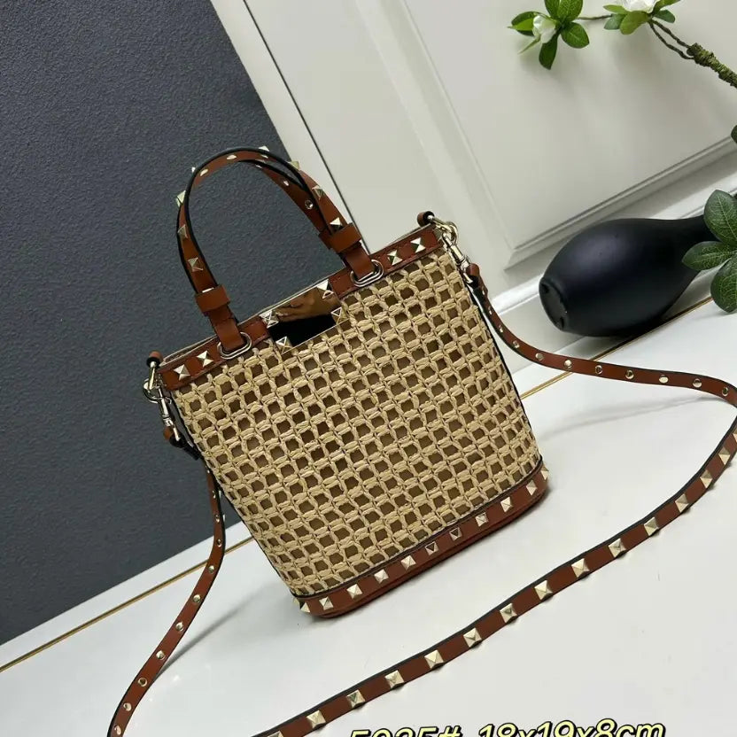 Boutique Level Quality || Valentino Garavani Rockstud Raffia and Leather Bucket Bag in Brwon