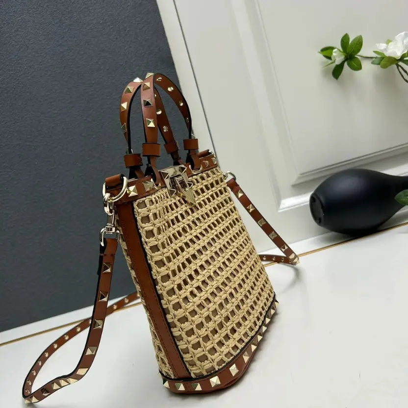 Boutique Level Quality || Valentino Garavani Rockstud Raffia and Leather Bucket Bag in Brwon