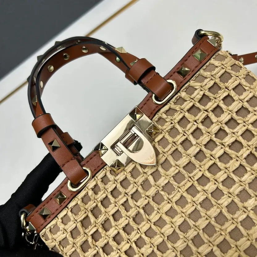 Boutique Level Quality || Valentino Garavani Rockstud Raffia and Leather Bucket Bag in Brwon