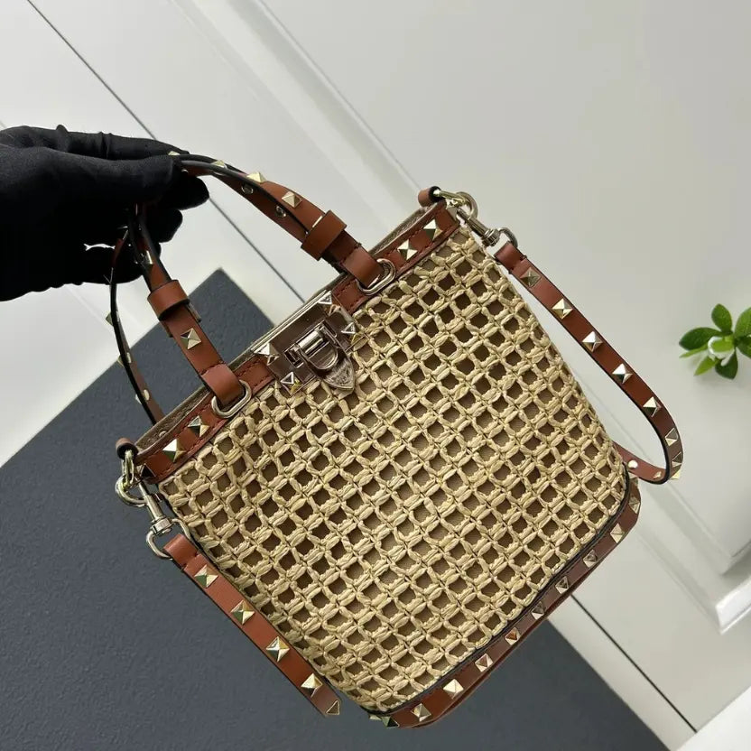 Boutique Level Quality || Valentino Garavani Rockstud Raffia and Leather Bucket Bag in Brwon