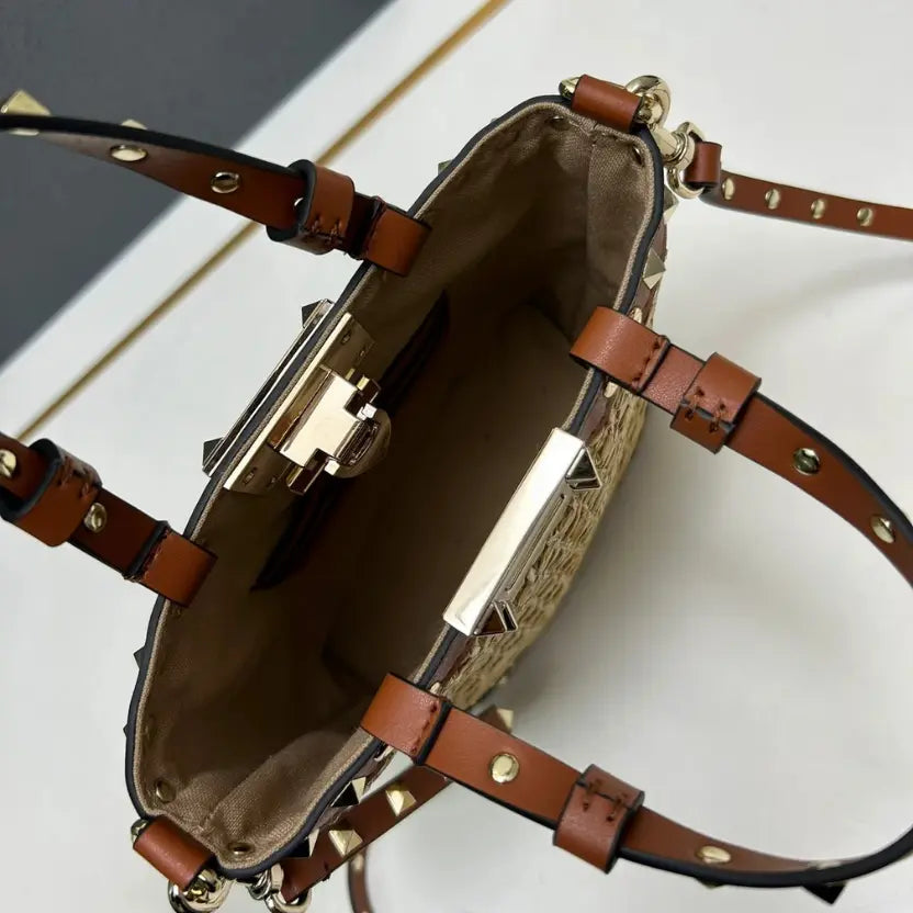 Boutique Level Quality || Valentino Garavani Rockstud Raffia and Leather Bucket Bag in Brwon
