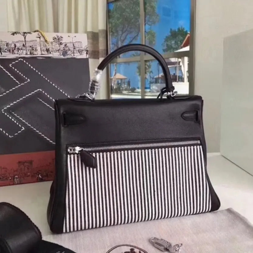 Boutique Quality || Black Toile Swift Knockoff Hermes Kelly Lakis 32cm Hybrid Bag