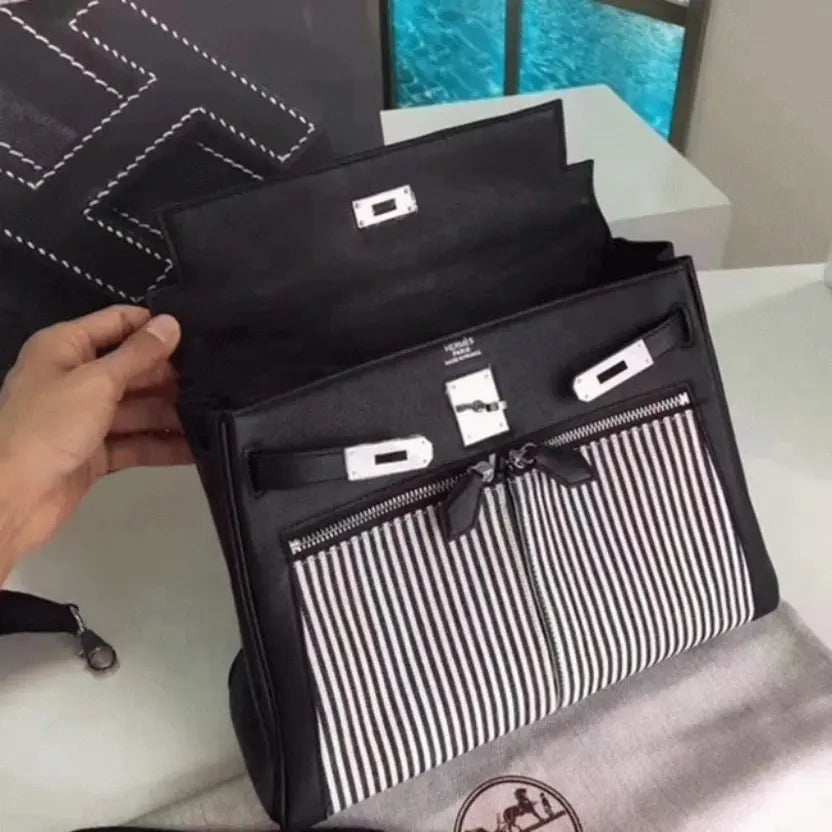 Boutique Quality || Black Toile Swift Knockoff Hermes Kelly Lakis 32cm Hybrid Bag