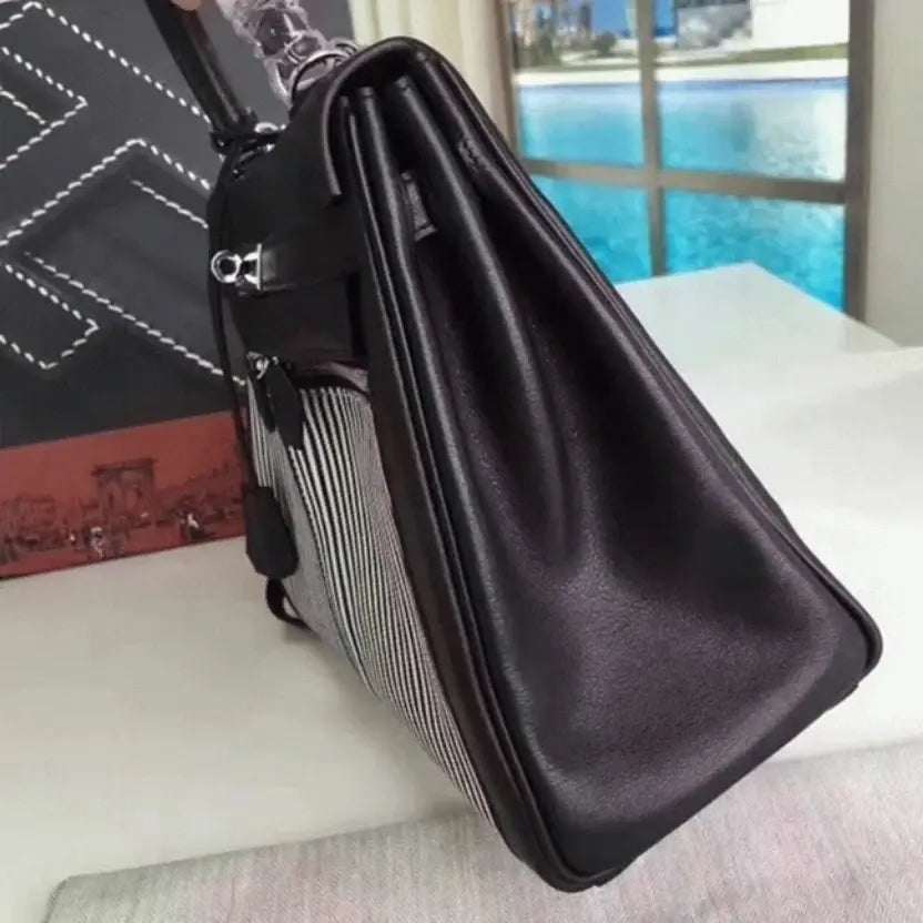 Boutique Quality || Black Toile Swift Knockoff Hermes Kelly Lakis 32cm Hybrid Bag