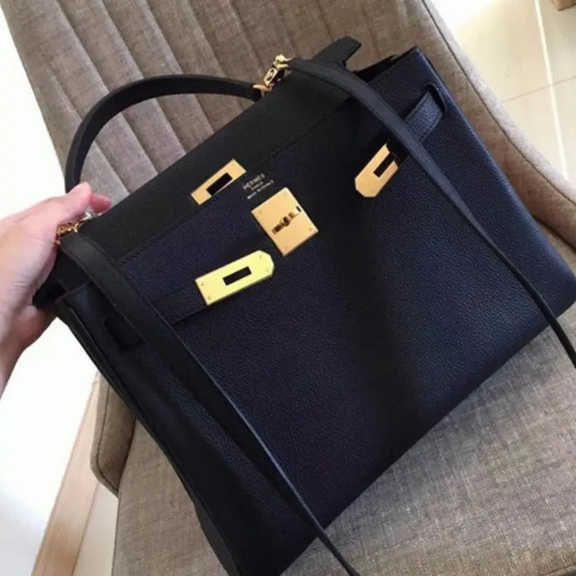 Boutique Quality || Black Clemence Hermes Kelly Retourne 32cm Classic Purse