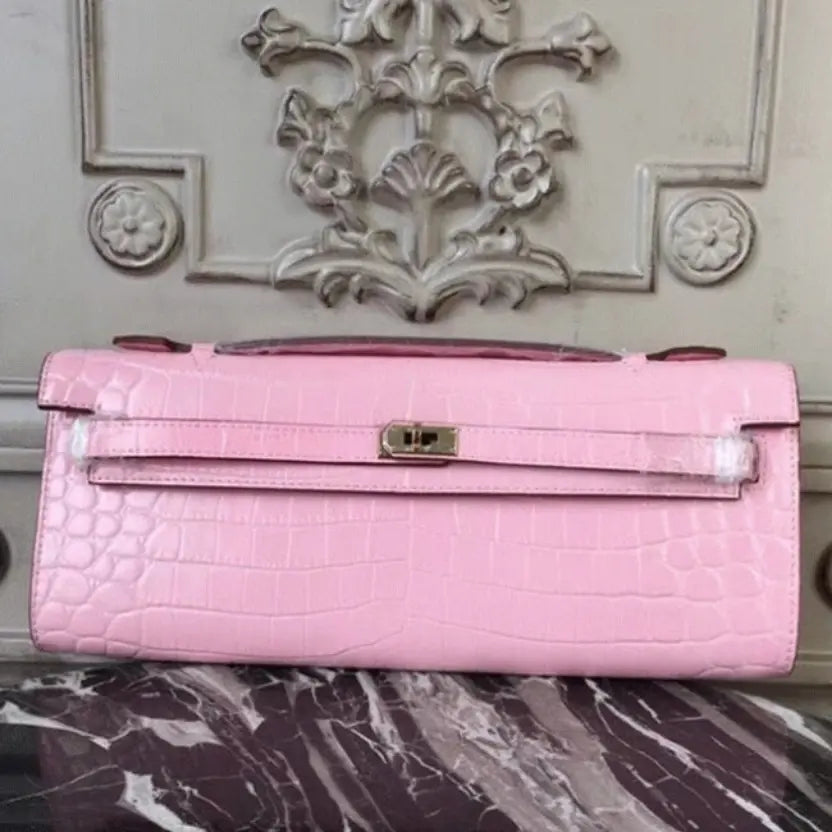 Boutique Quality || Pink Crocodile Hermes Kelly Cut Clutch Feminine Tote
